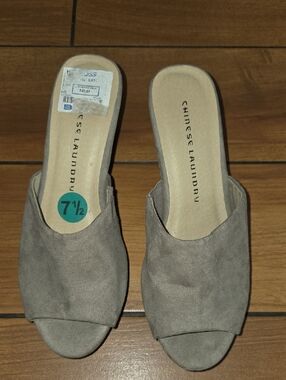 Chinese Laundry Taupe Open-Toe Suede Slide Mules